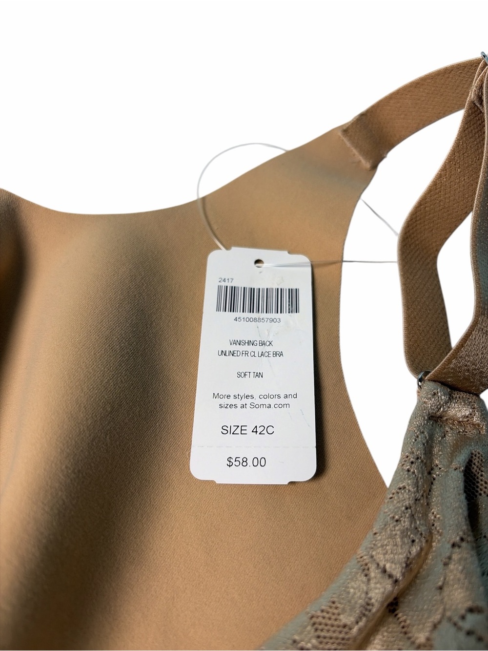Soma Women Vanishing Back Unlined Front Close Lace Bra Soft Tan Size 42C - Picture 9 of 9